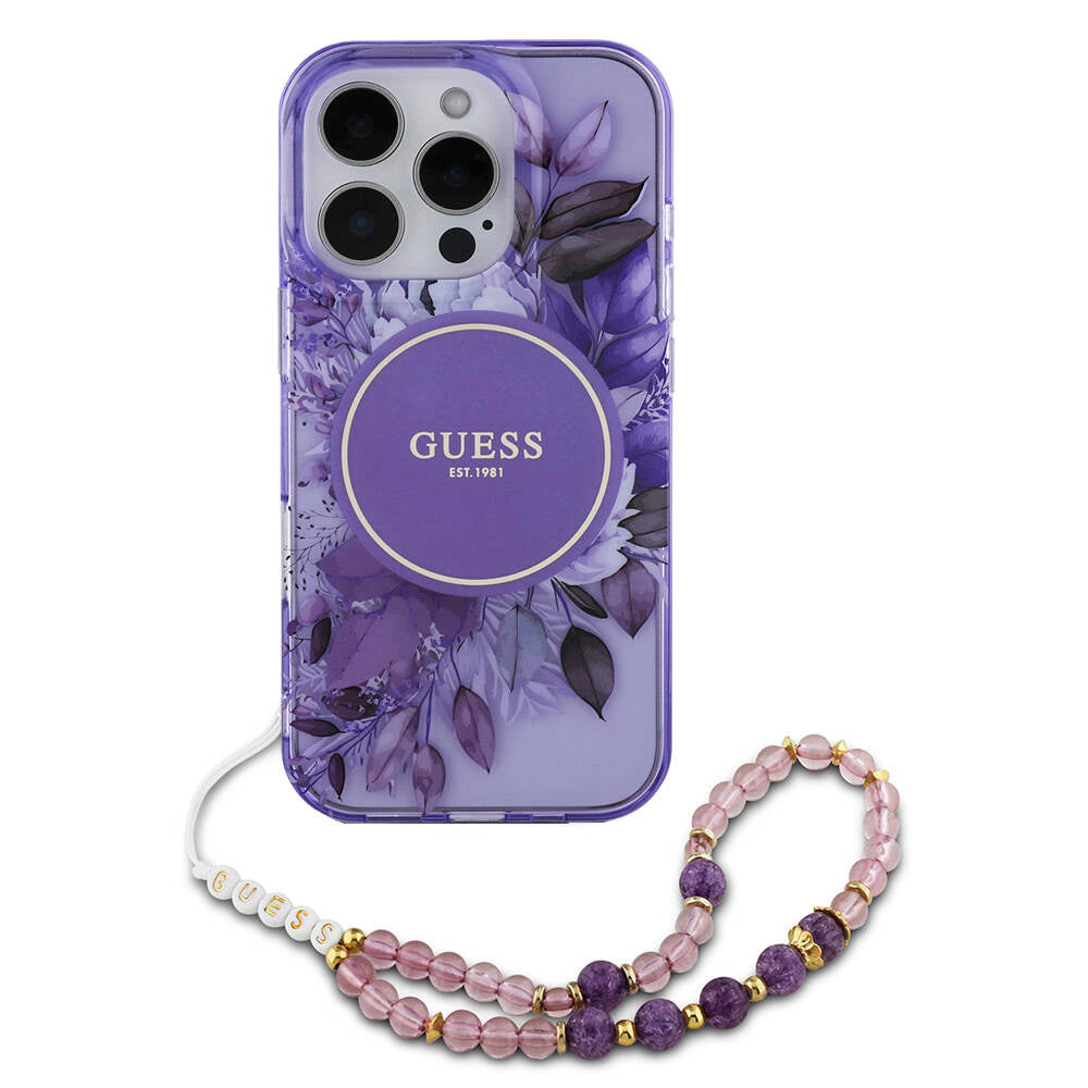 iPhone 16 Pro Max Kılıf Guess Orjinal Lisanslı M-safe Şarj Özellikli IML Baskılı Çiçek İnci Bileklikli Kılıf