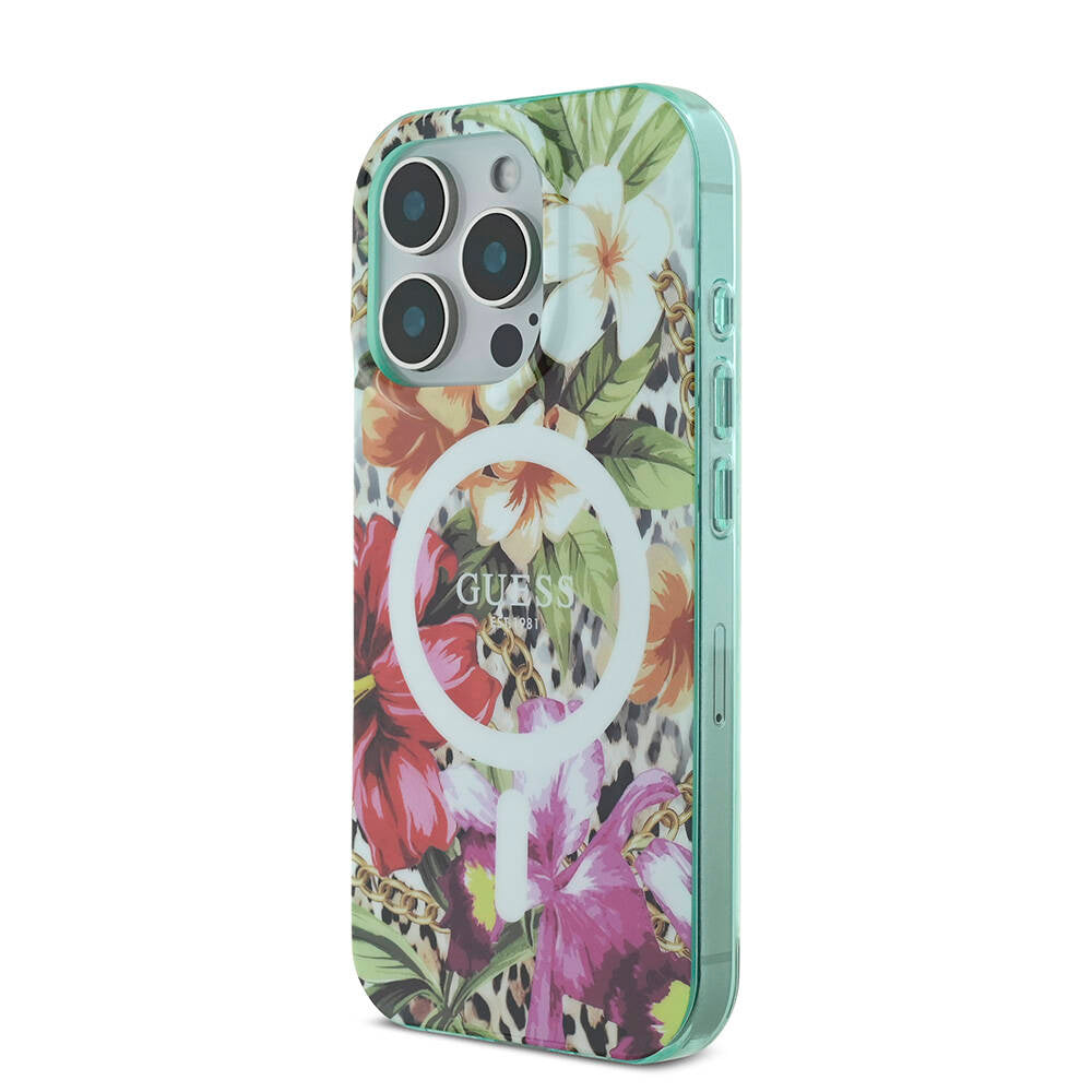 Apple iPhone 16 Pro Max Kılıf Guess Orjinal Lisanslı Magsafe Şarj Özellikli IML Baskılı Jungle Ring Kapak Mor