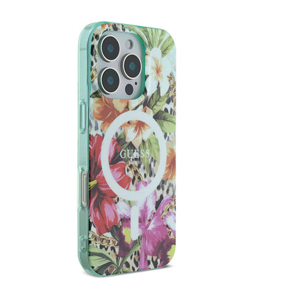 Apple iPhone 16 Pro Max Kılıf Guess Orjinal Lisanslı Magsafe Şarj Özellikli IML Baskılı Jungle Ring Kapak Mor