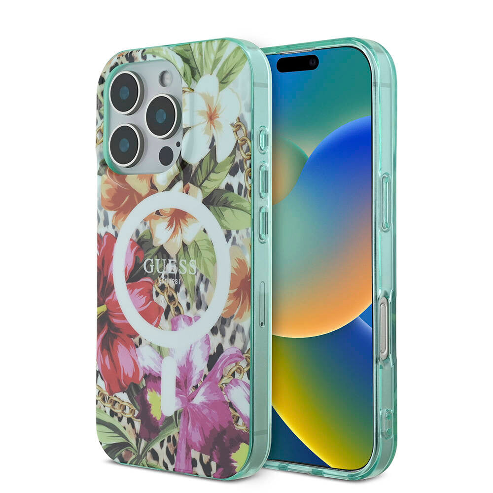 Apple iPhone 16 Pro Max Kılıf Guess Orjinal Lisanslı Magsafe Şarj Özellikli IML Baskılı Jungle Ring Kapak Mor