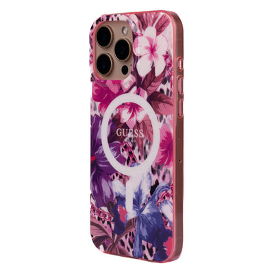 Apple iPhone 16 Pro Max Kılıf Guess Orjinal Lisanslı Magsafe Şarj Özellikli IML Baskılı Jungle Ring Kapak Mor