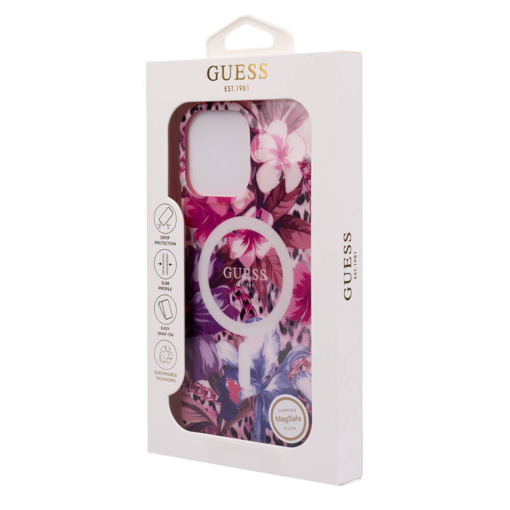 Apple iPhone 16 Pro Max Kılıf Guess Orjinal Lisanslı Magsafe Şarj Özellikli IML Baskılı Jungle Ring Kapak Mor