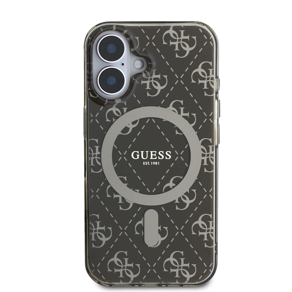 Apple iPhone 16 Pro Max Kılıf Guess Orjinal Lisanslı Magsafe Şarj Özellikli IML Baskılı Klasik Logolu 4G Desenli Kapak Kahverengi
