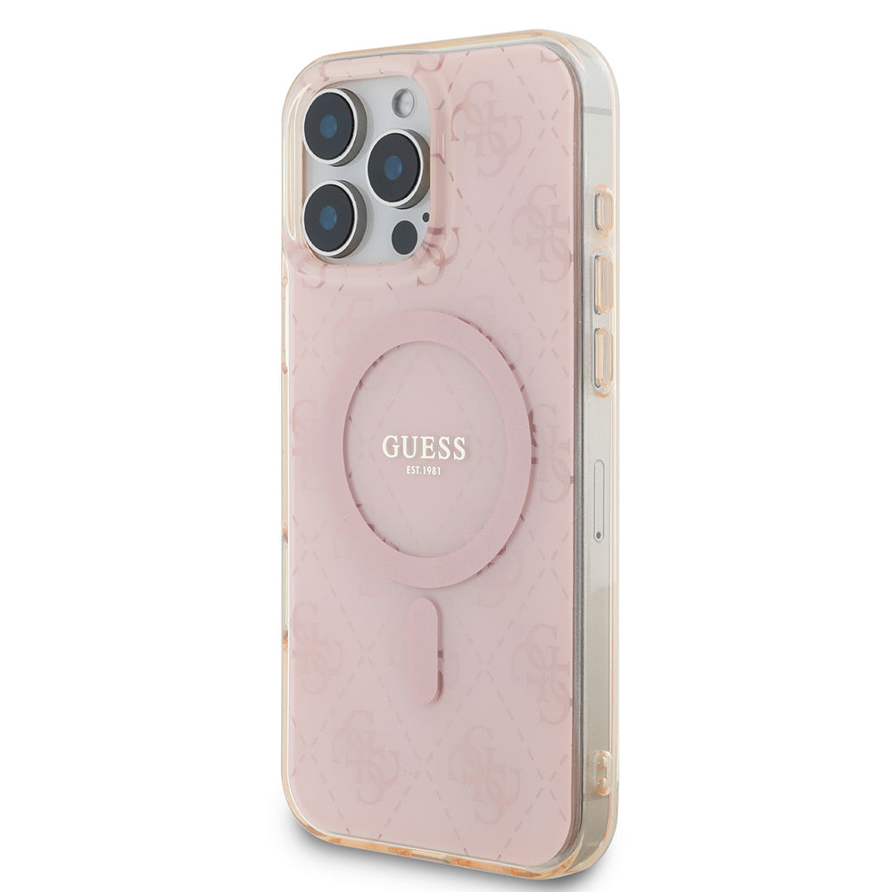 Apple iPhone 16 Pro Max Kılıf Guess Orjinal Lisanslı Magsafe Şarj Özellikli IML Baskılı Klasik Logolu 4G Desenli Kapak Kahverengi