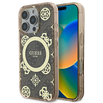 Apple iPhone 16 Pro Max Kılıf Guess Orjinal Lisanslı Magsafe Şarj Özellikli IML Peony ve 4G Desenli Klasik Logolu Kapak Pembe