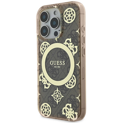 Apple iPhone 16 Pro Max Kılıf Guess Orjinal Lisanslı Magsafe Şarj Özellikli IML Peony ve 4G Desenli Klasik Logolu Kapak Siyah