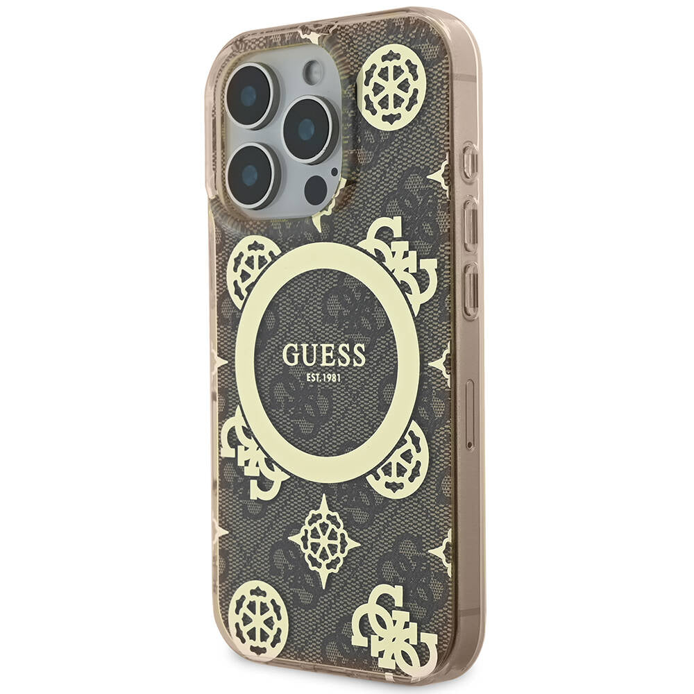 Apple iPhone 16 Pro Max Kılıf Guess Orjinal Lisanslı Magsafe Şarj Özellikli IML Peony ve 4G Desenli Klasik Logolu Kapak Pembe