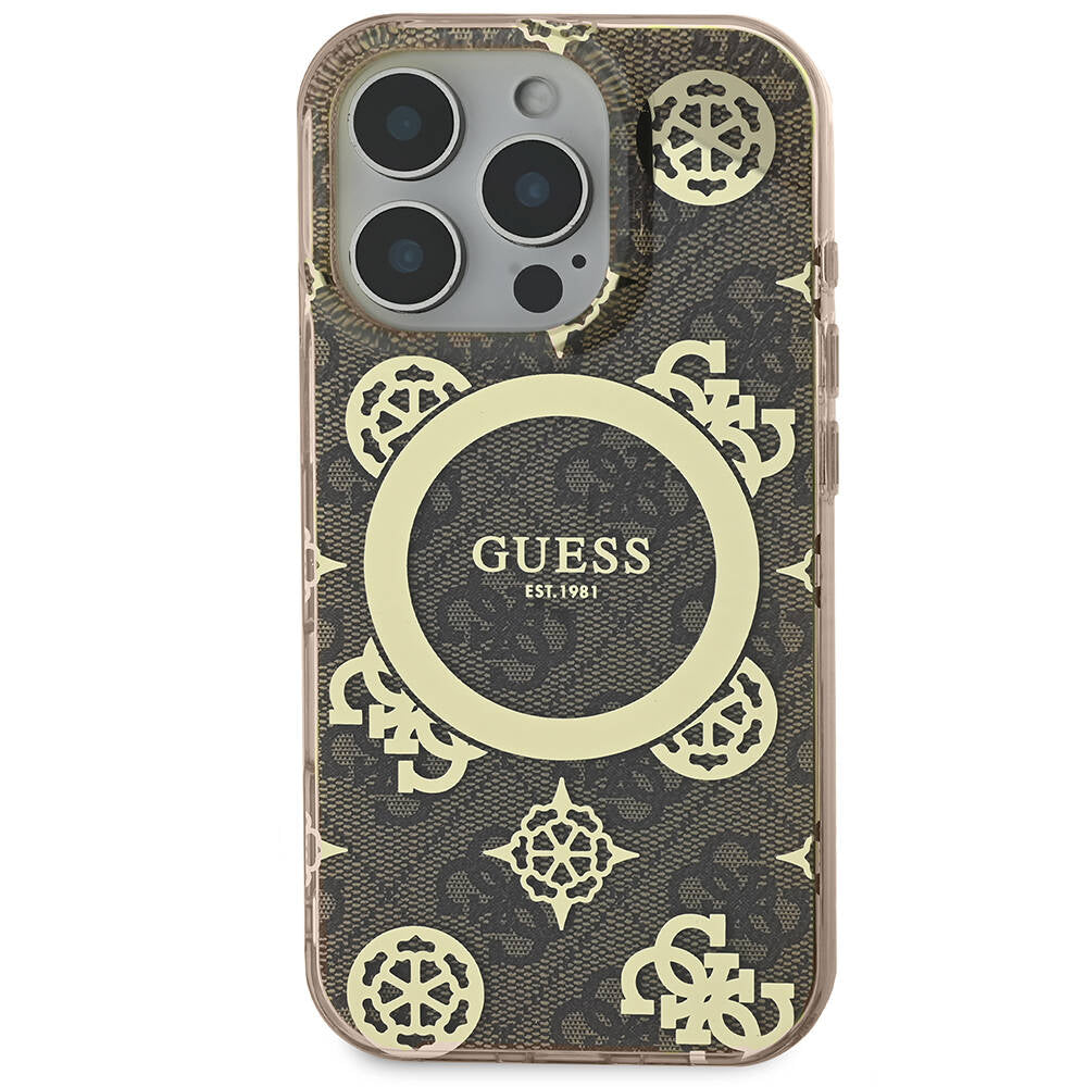 Apple iPhone 16 Pro Max Kılıf Guess Orjinal Lisanslı Magsafe Şarj Özellikli IML Peony ve 4G Desenli Klasik Logolu Kapak Pembe