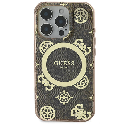 Apple iPhone 16 Pro Max Kılıf Guess Orjinal Lisanslı Magsafe Şarj Özellikli IML Peony ve 4G Desenli Klasik Logolu Kapak Pembe