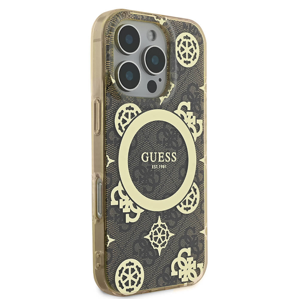 Apple iPhone 16 Pro Max Kılıf Guess Orjinal Lisanslı Magsafe Şarj Özellikli IML Peony ve 4G Desenli Klasik Logolu Kapak Pembe