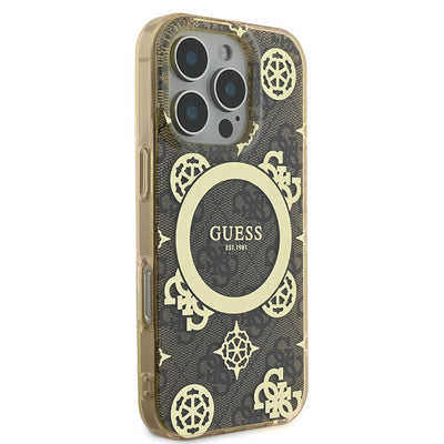 Apple iPhone 16 Pro Max Kılıf Guess Orjinal Lisanslı Magsafe Şarj Özellikli IML Peony ve 4G Desenli Klasik Logolu Kapak Siyah
