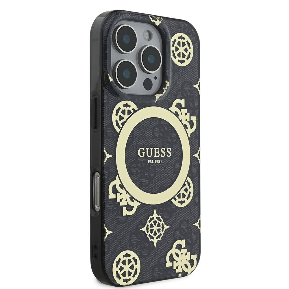 Apple iPhone 16 Pro Max Kılıf Guess Orjinal Lisanslı Magsafe Şarj Özellikli IML Peony ve 4G Desenli Klasik Logolu Kapak Siyah