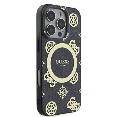 Apple iPhone 16 Pro Max Kılıf Guess Orjinal Lisanslı Magsafe Şarj Özellikli IML Peony ve 4G Desenli Klasik Logolu Kapak Pembe