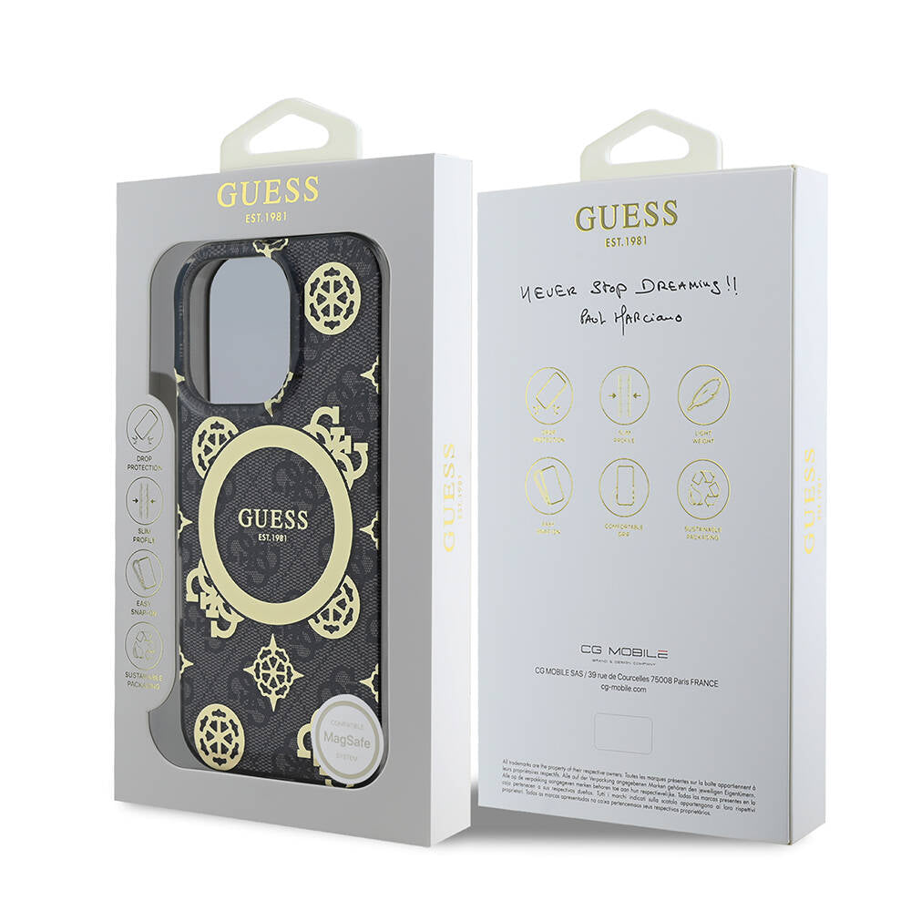 Apple iPhone 16 Pro Max Kılıf Guess Orjinal Lisanslı Magsafe Şarj Özellikli IML Peony ve 4G Desenli Klasik Logolu Kapak Pembe
