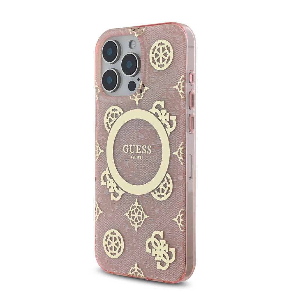 Apple iPhone 16 Pro Max Kılıf Guess Orjinal Lisanslı Magsafe Şarj Özellikli IML Peony ve 4G Desenli Klasik Logolu Kapak Pembe