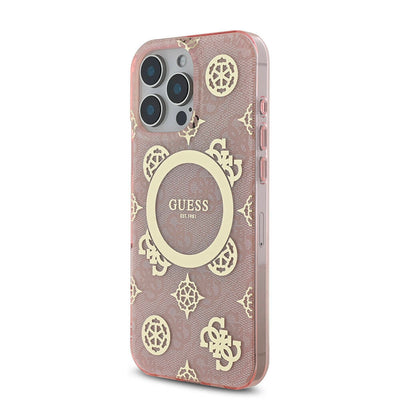 Apple iPhone 16 Pro Max Kılıf Guess Orjinal Lisanslı Magsafe Şarj Özellikli IML Peony ve 4G Desenli Klasik Logolu Kapak Pembe