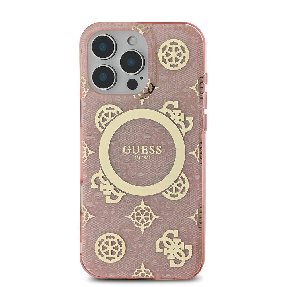 Apple iPhone 16 Pro Max Kılıf Guess Orjinal Lisanslı Magsafe Şarj Özellikli IML Peony ve 4G Desenli Klasik Logolu Kapak Pembe
