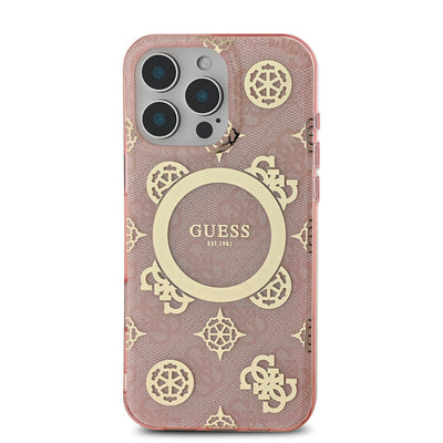 Apple iPhone 16 Pro Max Kılıf Guess Orjinal Lisanslı Magsafe Şarj Özellikli IML Peony ve 4G Desenli Klasik Logolu Kapak Siyah