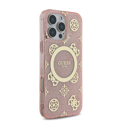 Apple iPhone 16 Pro Max Kılıf Guess Orjinal Lisanslı Magsafe Şarj Özellikli IML Peony ve 4G Desenli Klasik Logolu Kapak Pembe