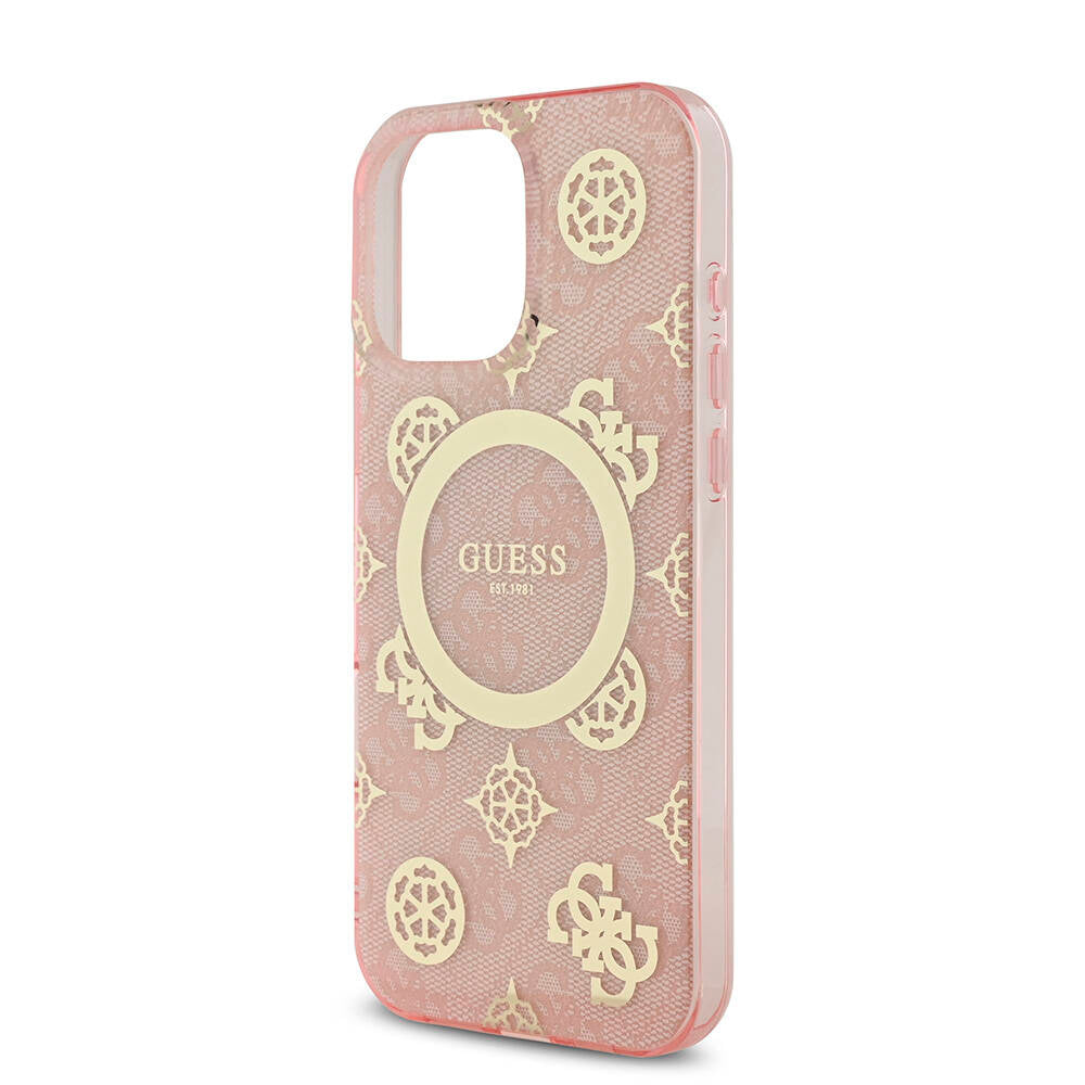 Apple iPhone 16 Pro Max Kılıf Guess Orjinal Lisanslı Magsafe Şarj Özellikli IML Peony ve 4G Desenli Klasik Logolu Kapak Pembe
