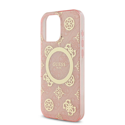 Apple iPhone 16 Pro Max Kılıf Guess Orjinal Lisanslı Magsafe Şarj Özellikli IML Peony ve 4G Desenli Klasik Logolu Kapak Pembe
