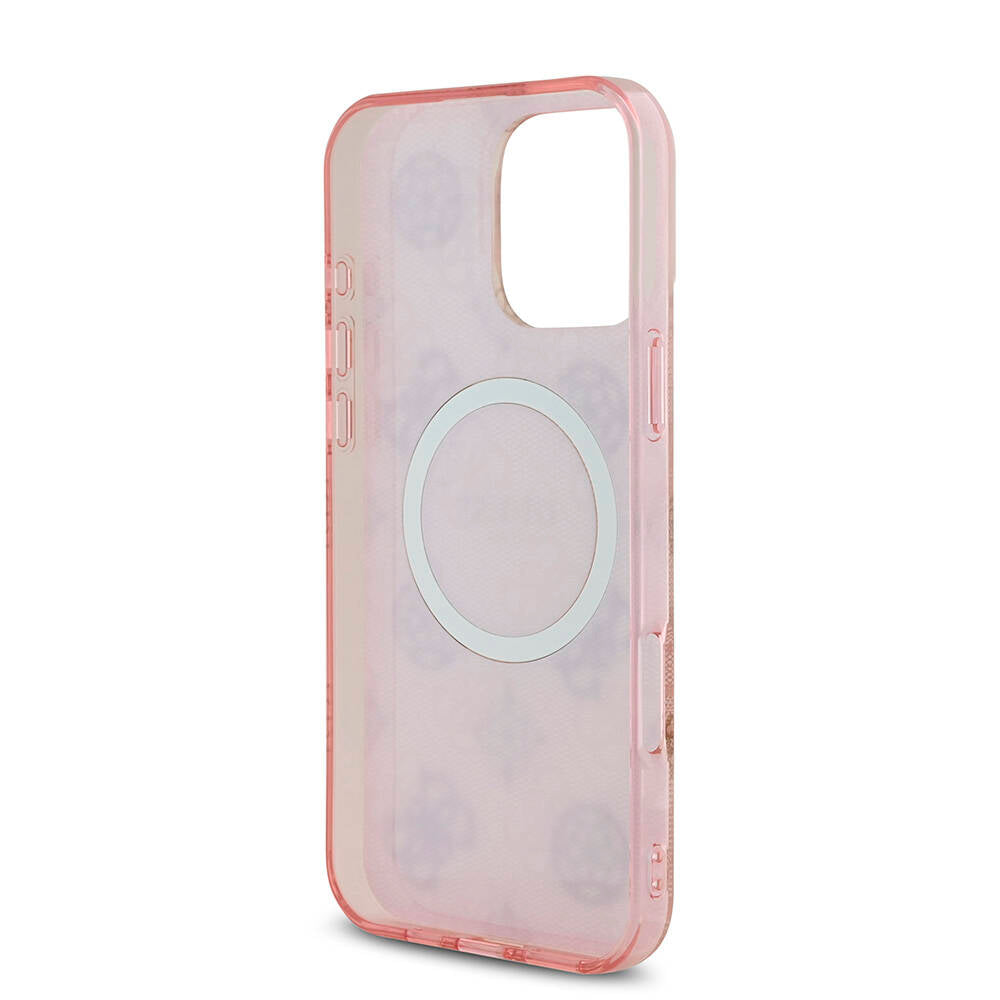 Apple iPhone 16 Pro Max Kılıf Guess Orjinal Lisanslı Magsafe Şarj Özellikli IML Peony ve 4G Desenli Klasik Logolu Kapak Pembe