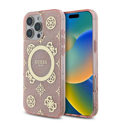 iPhone 16 Pro Max Kılıf Guess Orjinal Lisanslı M-safe Şarj Özellikli IML Peony ve 4G Desenli Klasik Logolu Kılıf