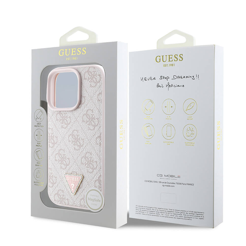 iPhone 16 Pro Max Kılıf Guess Orjinal Lisanslı M-safe Şarj Özellikli PU Deri 4G Desenli Taşlı Üçgen Logolu Kılıf