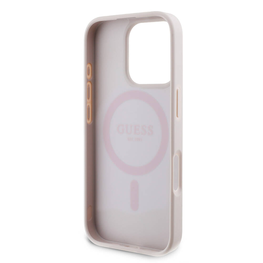 Apple iPhone 16 Pro Max Kılıf Guess Orjinal Lisanslı Magsafe Şarj Özellikli PU Deri 4G Desenli Taşlı Üçgen Logolu Kapak Kahverengi