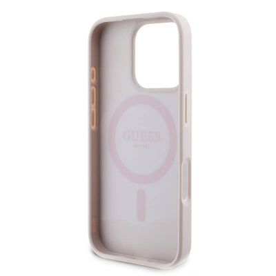 Apple iPhone 16 Pro Max Kılıf Guess Orjinal Lisanslı Magsafe Şarj Özellikli PU Deri 4G Desenli Taşlı Üçgen Logolu Kapak Pembe