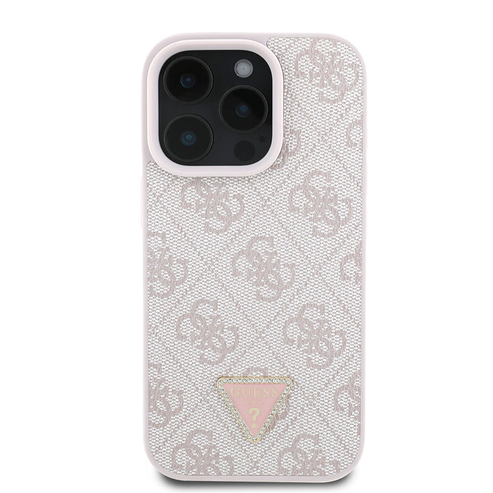 iPhone 16 Pro Max Kılıf Guess Orjinal Lisanslı M-safe Şarj Özellikli PU Deri 4G Desenli Taşlı Üçgen Logolu Kılıf