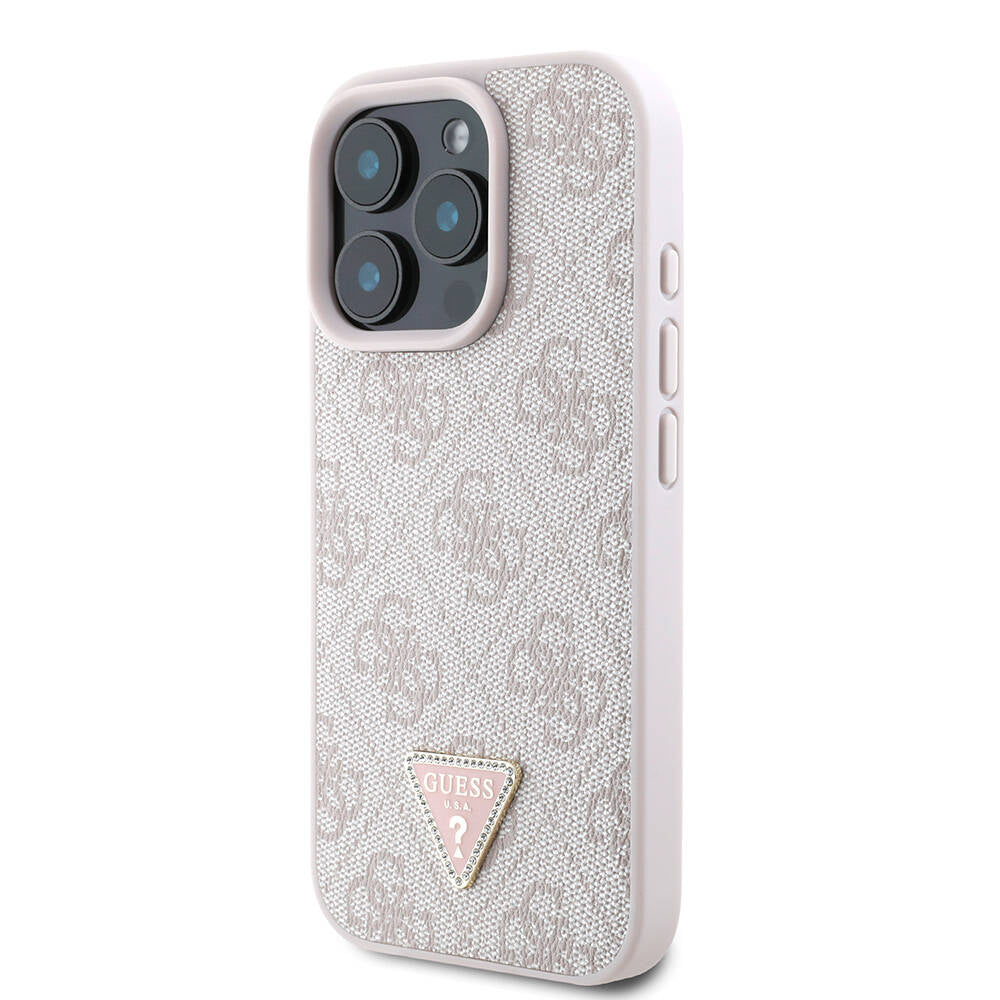 iPhone 16 Pro Max Kılıf Guess Orjinal Lisanslı M-safe Şarj Özellikli PU Deri 4G Desenli Taşlı Üçgen Logolu Kılıf