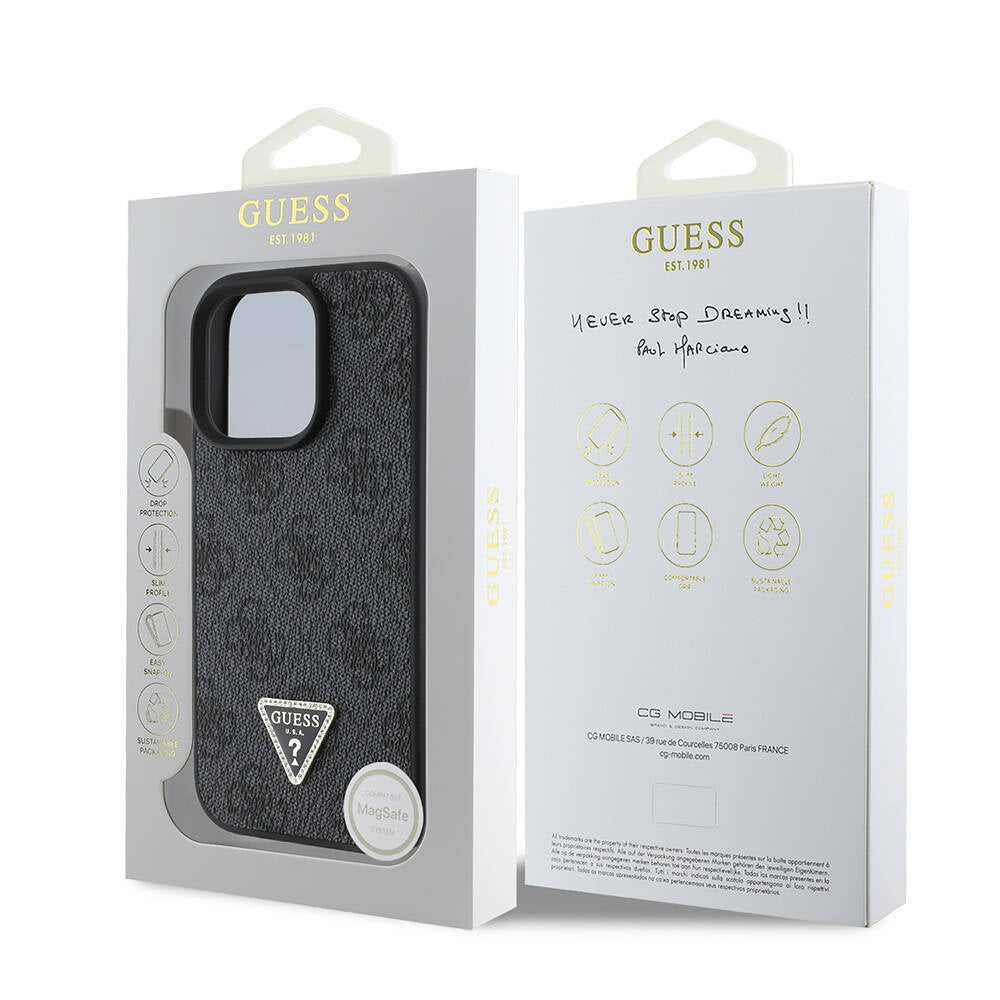 iPhone 16 Pro Max Kılıf Guess Orjinal Lisanslı M-safe Şarj Özellikli PU Deri 4G Desenli Taşlı Üçgen Logolu Kılıf