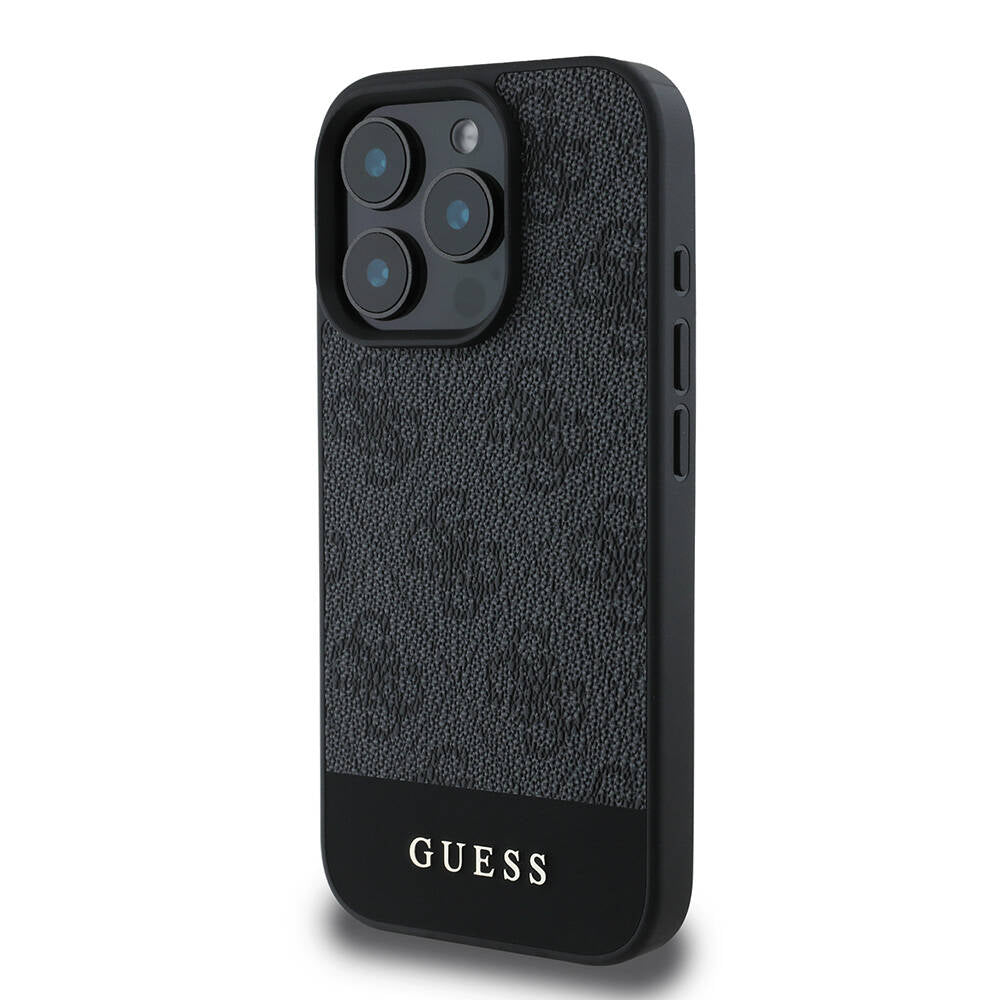 Apple iPhone 16 Pro Max Kılıf Guess Orjinal Lisanslı Magsafe Şarj Özellikli PU Deri Şerit Logo Dizaynlı Kapak Siyah