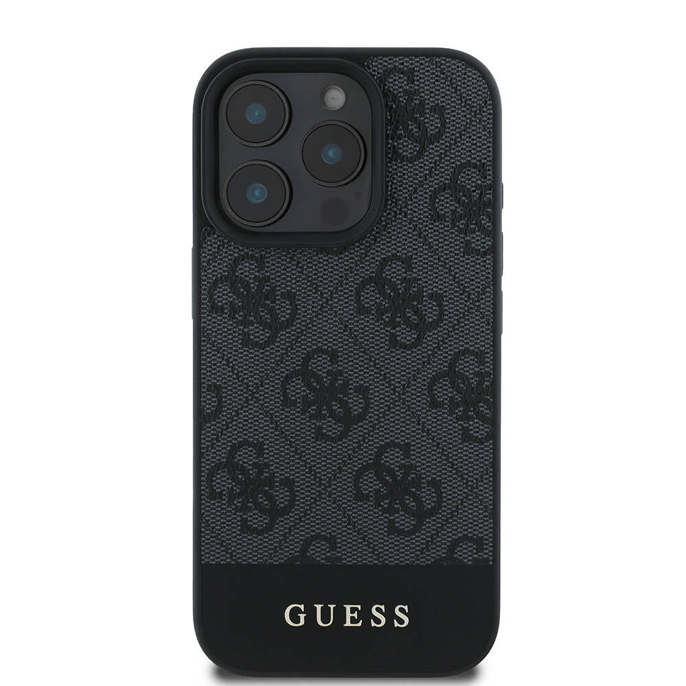 Apple iPhone 16 Pro Max Kılıf Guess Orjinal Lisanslı Magsafe Şarj Özellikli PU Deri Şerit Logo Dizaynlı Kapak Siyah