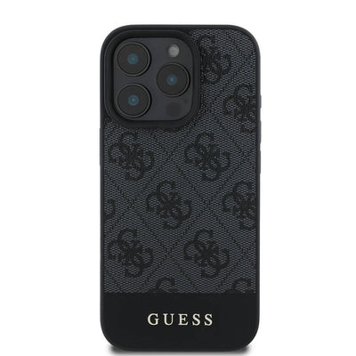 Apple iPhone 16 Pro Max Kılıf Guess Orjinal Lisanslı Magsafe Şarj Özellikli PU Deri Şerit Logo Dizaynlı Kapak Siyah