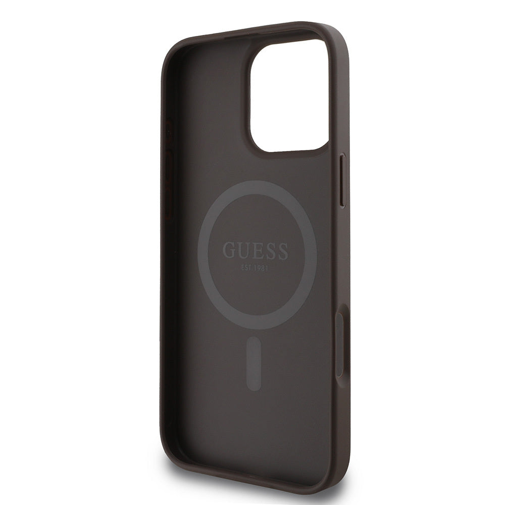 Apple iPhone 16 Pro Max Kılıf Guess Orjinal Lisanslı Magsafe Şarj Özellikli PU Deri Şerit Logo Dizaynlı Kapak Kahverengi
