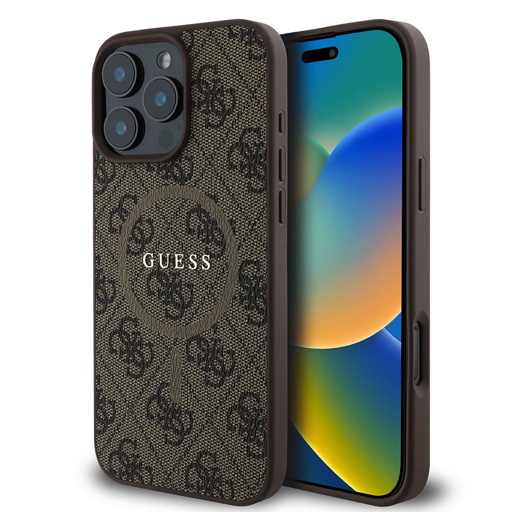 iPhone 16 Pro Max Kılıf Guess Orjinal Lisanslı M-safe Şarj Özellikli PU Halkalı 4G Desenli Yazı Logolu Kılıf