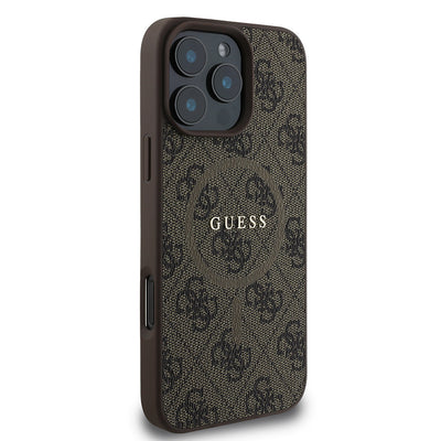 Apple iPhone 16 Pro Max Kılıf Guess Orjinal Lisanslı M-safe Şarj Özellikli PU Halkalı 4G Desenli Yazı Logolu Kapak Kahverengi