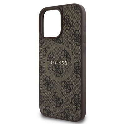 Apple iPhone 16 Pro Max Kılıf Guess Orjinal Lisanslı M-safe Şarj Özellikli PU Halkalı 4G Desenli Yazı Logolu Kapak Kahverengi