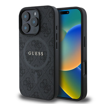 Apple iPhone 16 Pro Max Kılıf Guess Orjinal Lisanslı M-safe Şarj Özellikli PU Halkalı 4G Desenli Yazı Logolu Kapak Kahverengi