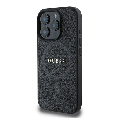 Apple iPhone 16 Pro Max Kılıf Guess Orjinal Lisanslı M-safe Şarj Özellikli PU Halkalı 4G Desenli Yazı Logolu Kapak Siyah