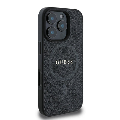 Apple iPhone 16 Pro Max Kılıf Guess Orjinal Lisanslı M-safe Şarj Özellikli PU Halkalı 4G Desenli Yazı Logolu Kapak Kahverengi