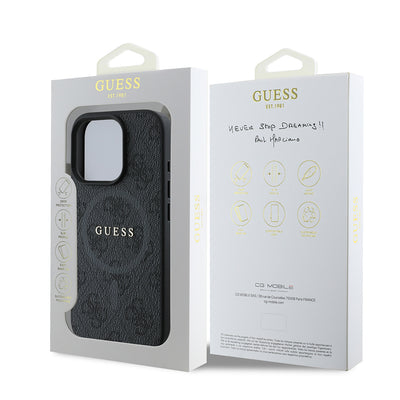 Apple iPhone 16 Pro Max Kılıf Guess Orjinal Lisanslı M-safe Şarj Özellikli PU Halkalı 4G Desenli Yazı Logolu Kapak Siyah