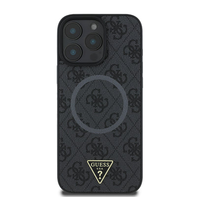 Apple iPhone 16 Pro Max Kılıf Guess Orjinal Lisanslı Magsafe Şarj Özellikli PU Üçgen Logo 4G Desenli Kapak Siyah