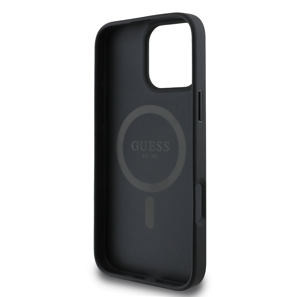 Apple iPhone 16 Pro Max Kılıf Guess Orjinal Lisanslı Magsafe Şarj Özellikli PU Üçgen Logo 4G Desenli Kapak Siyah