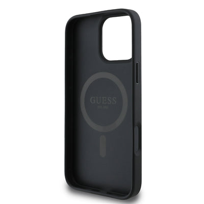 Apple iPhone 16 Pro Max Kılıf Guess Orjinal Lisanslı Magsafe Şarj Özellikli PU Üçgen Logo 4G Desenli Kapak Siyah