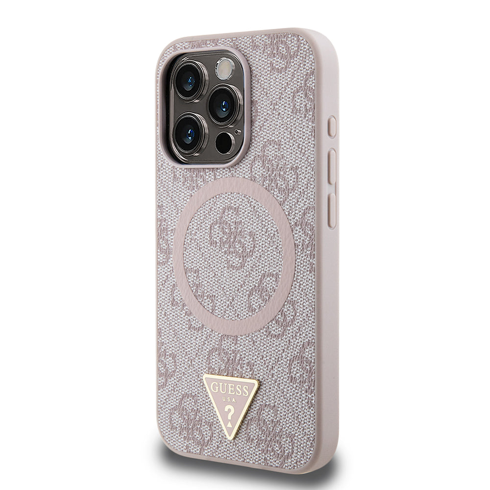 Apple iPhone 16 Pro Max Kılıf Guess Orjinal Lisanslı Magsafe Şarj Özellikli PU Üçgen Logo 4G Desenli Kapak Pembe