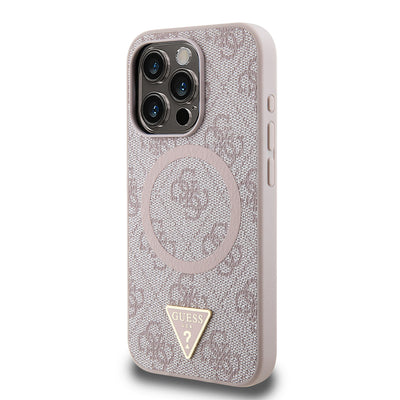 Apple iPhone 16 Pro Max Kılıf Guess Orjinal Lisanslı Magsafe Şarj Özellikli PU Üçgen Logo 4G Desenli Kapak Pembe