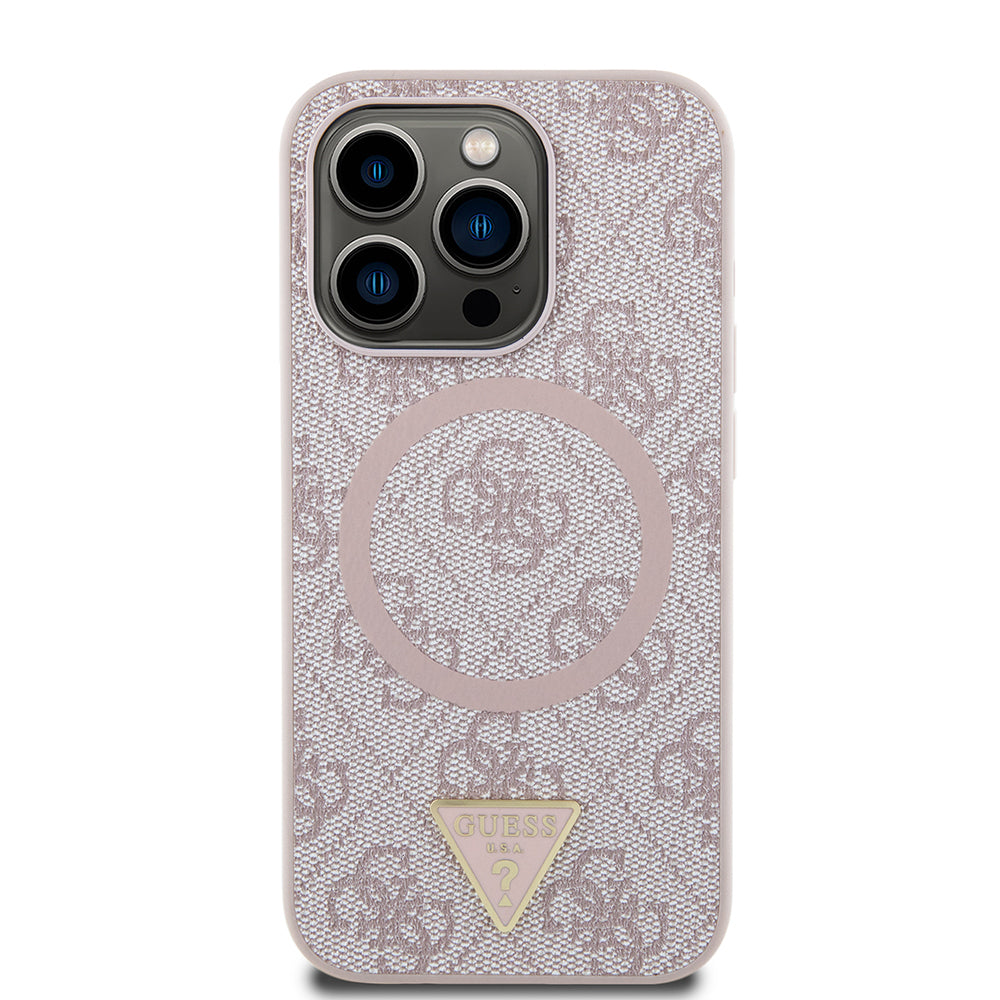 Apple iPhone 16 Pro Max Kılıf Guess Orjinal Lisanslı Magsafe Şarj Özellikli PU Üçgen Logo 4G Desenli Kapak Pembe